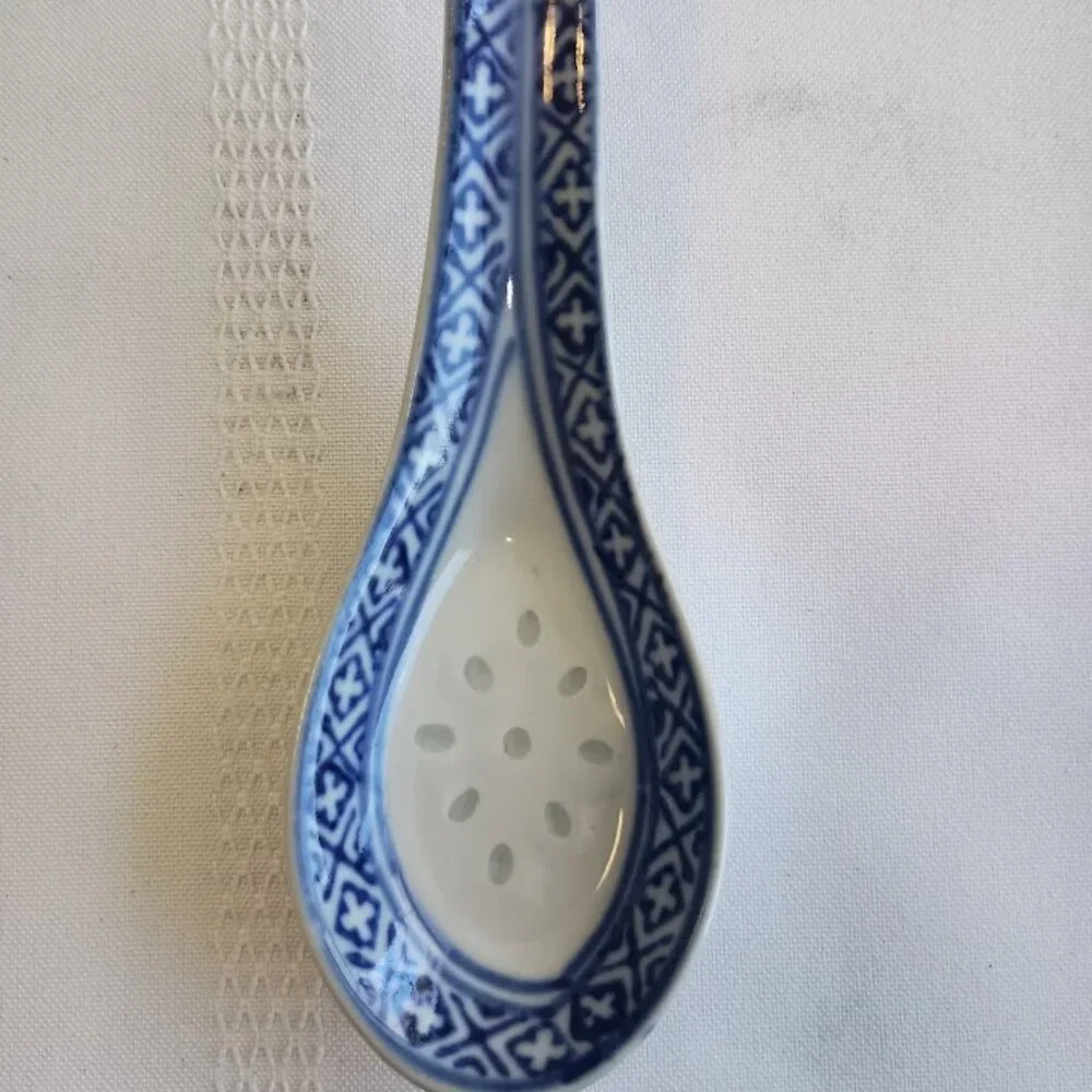 Blue and White Chinese Porcelain Bowl and Translucent Rice Grain Soup Spoons